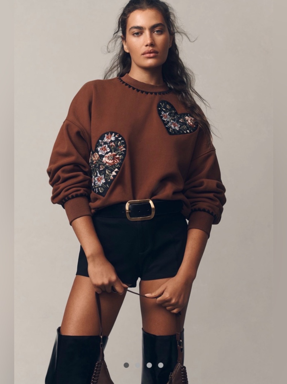 Anthropologie Rhode Adrien Sweatshirt SZ S Quilted Heart Embroidered Brown